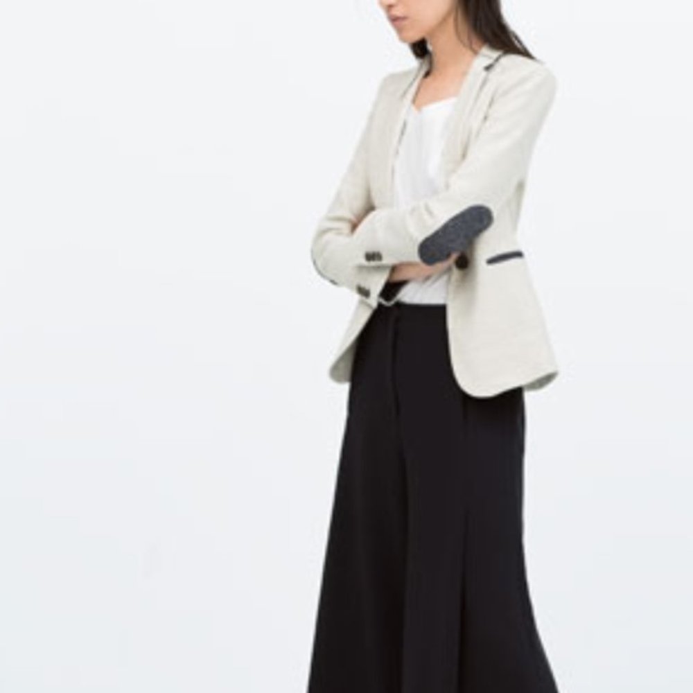 ZARA Light Gray Blazer Navy Elbow Patches XS